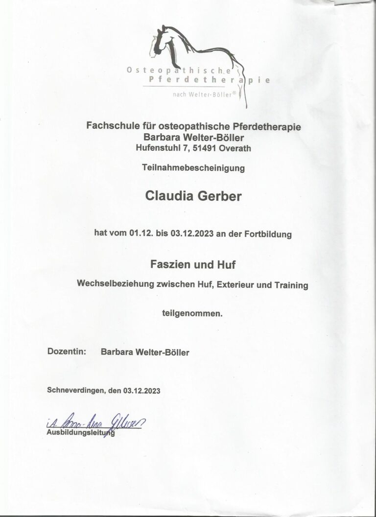 EquiKonzept Claudia Gerber Pferdetherapie & Training - Zertifikat Faszien und Huf WelterBöller