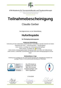 EquiKonzept Claudia Gerber Pferdetherapie & Training - Zertifikat Huforthopädie